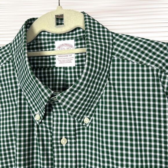 Brooks Brothers Button Down Shirt Madison Fit Cotton Green Gingham Plaid 17,5-33 - Picture 4 of 13